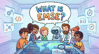 Illustration of a research team gathered around a table asking 'What is EMSE?'
